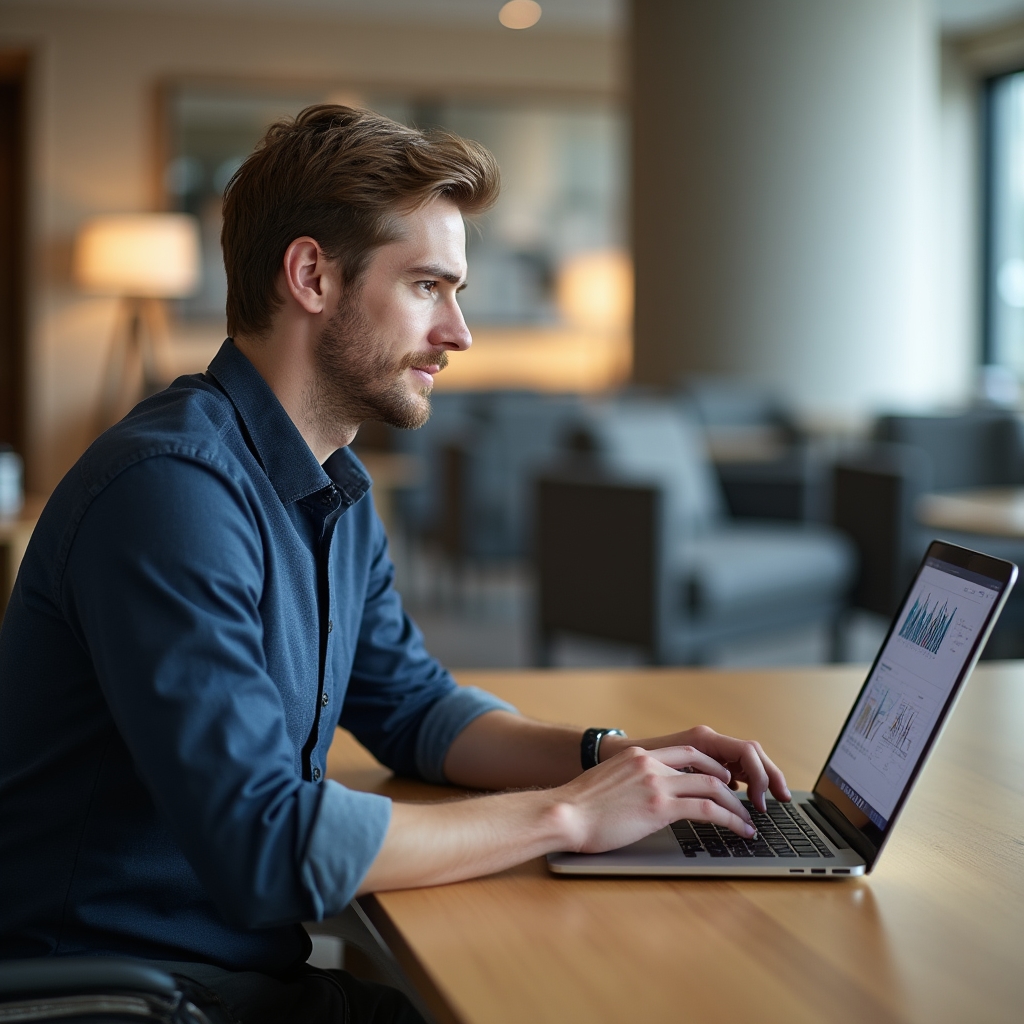 Unternehmer analysiert Daten am Schreibtisch